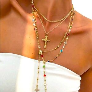 🆕 Gold Tone Necklace Bundle Vintage Layered Cross